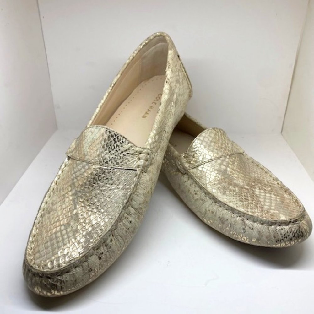 Cole Haan metallic snake skin texture moccasin